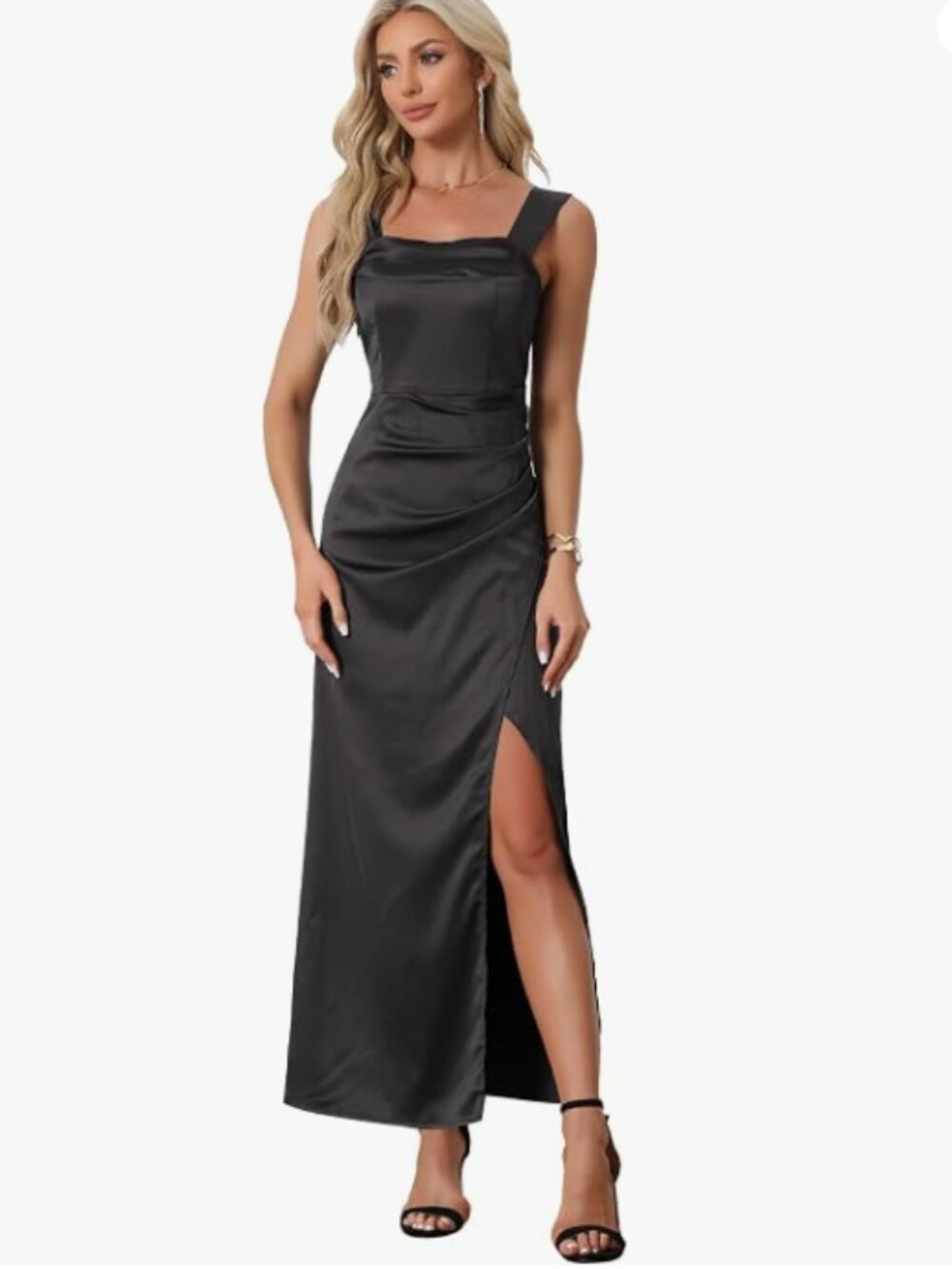 NWT Allegra K Black Satin Maxi Dress S Ruched Slit Evening Gown Old Hollywood